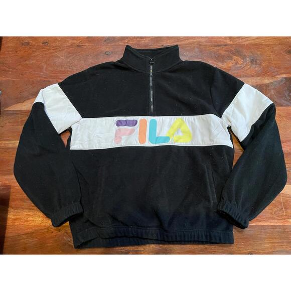FILA Men's Black and White Half-Zip Sweatshirt with Colorful Logo Medium - Picture 1 of 4